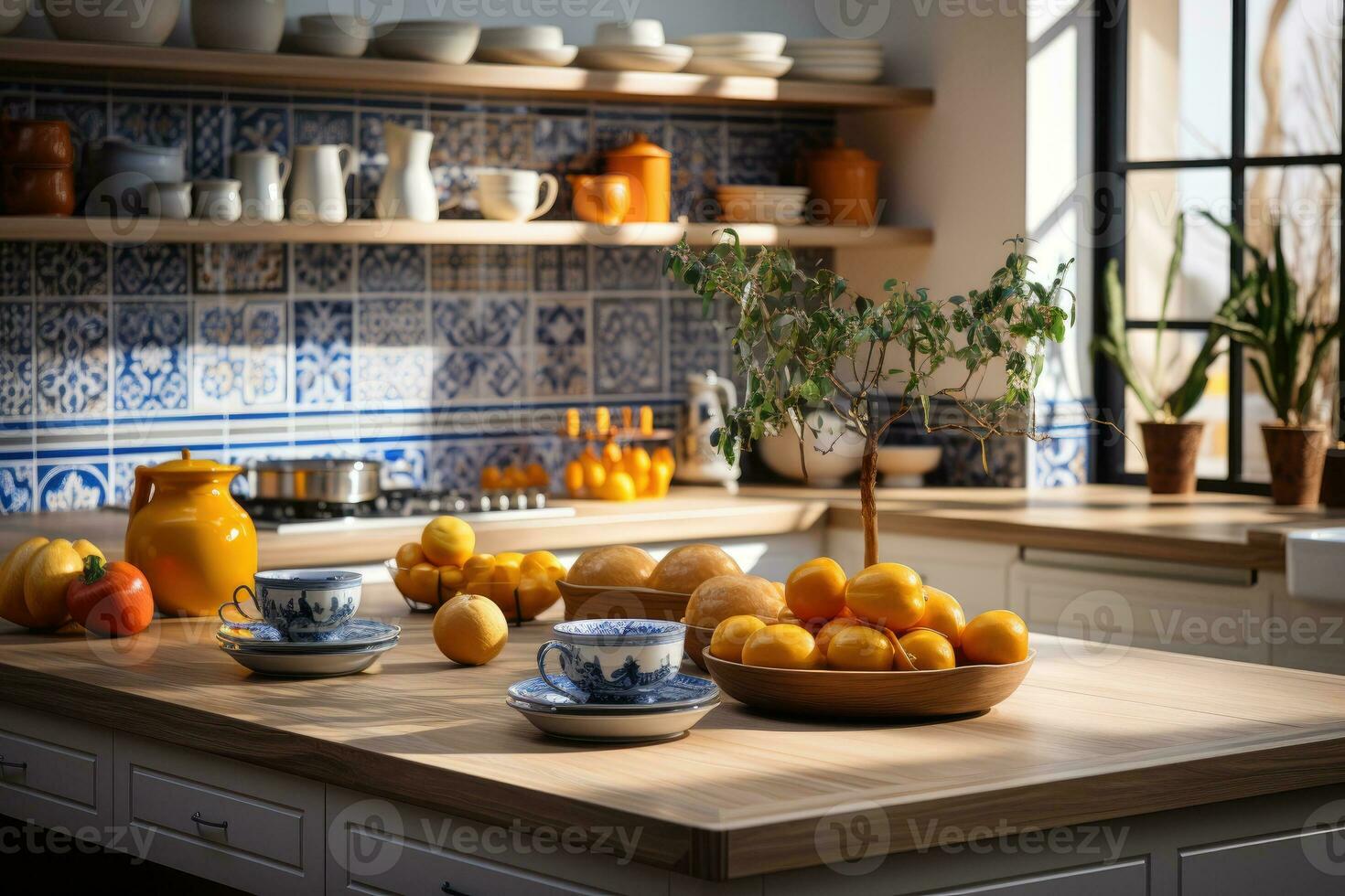 expose moroccan tiles in the kitchen room AI Generated photo