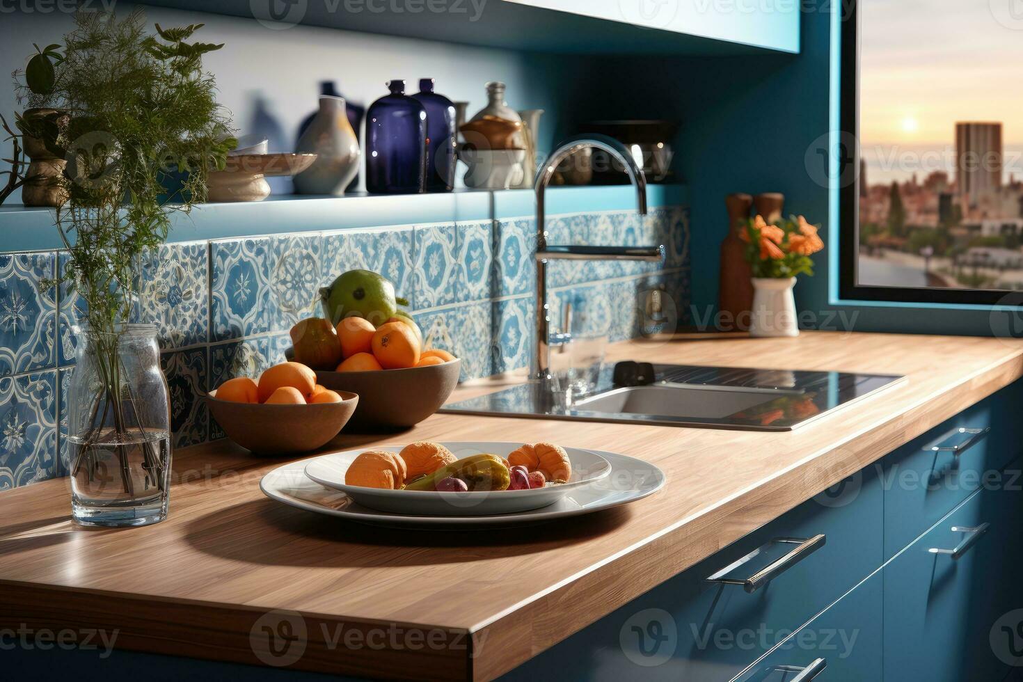 expose moroccan tiles in the kitchen room AI Generated photo