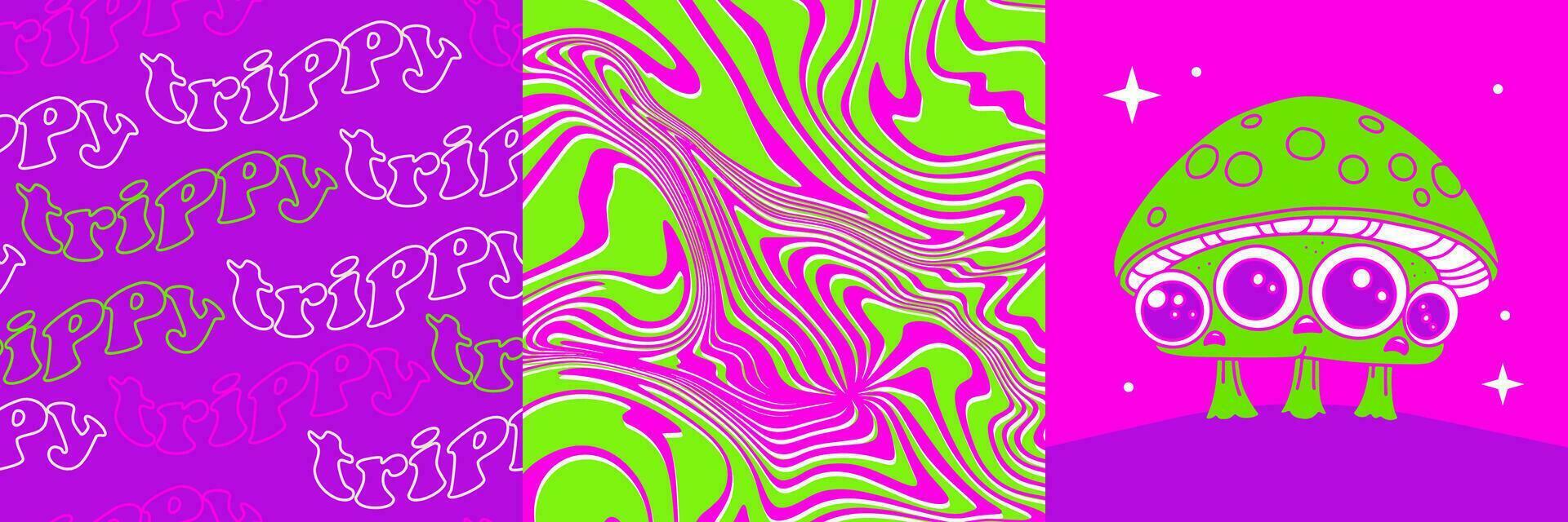 Psilocybin mushrooms cards or covers set. Psychedelic patterns with magic mushroom character, a group of fungi that contain psilocybin which turns into psilocin upon ingestion. 90s neon vector design.