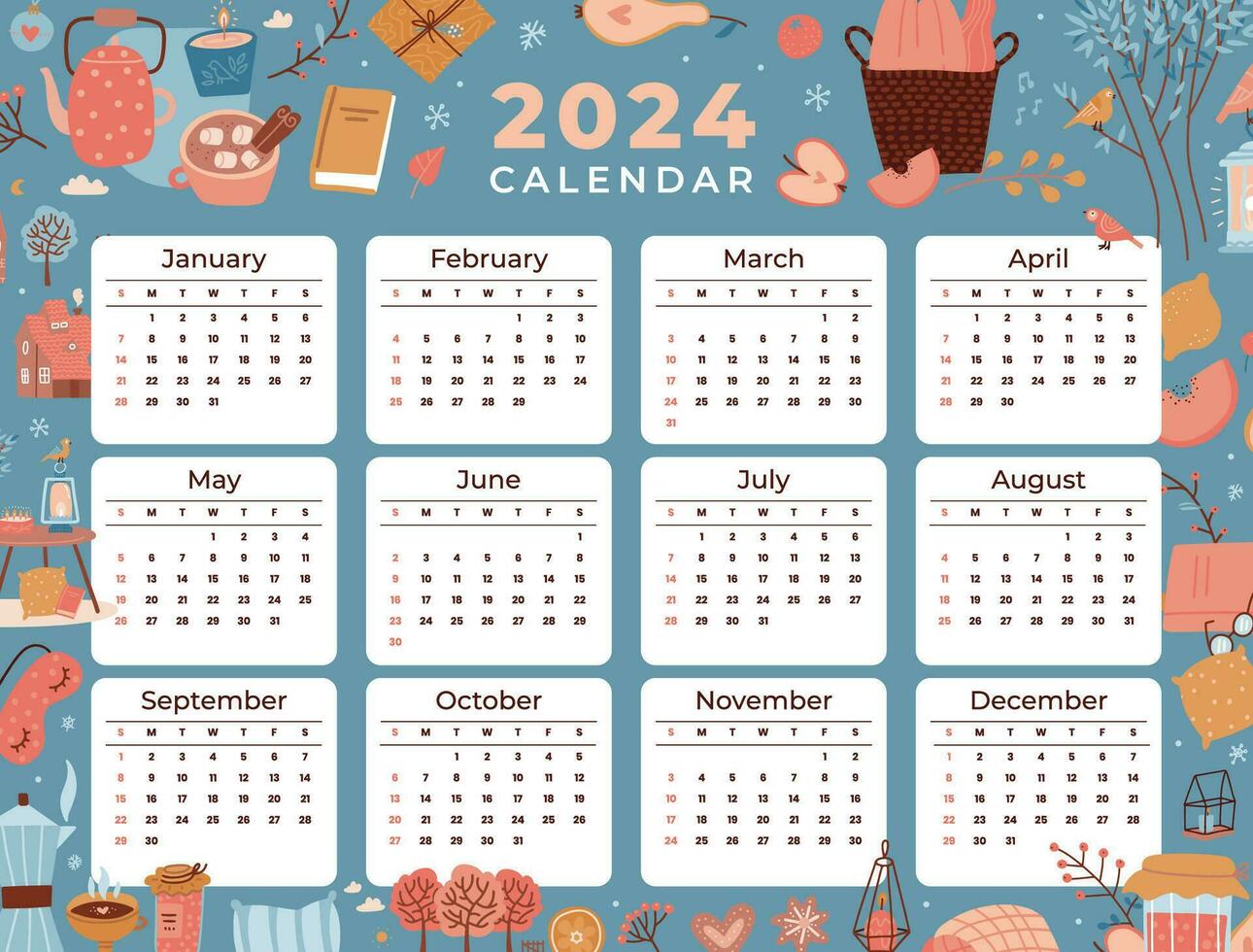 Printable hand drawn one sheet calendar for 2024 year. Calendar grid template of 12 Months, Sunday first. Vector Illustration with hand drawn cozy stuff in trendy flat style.