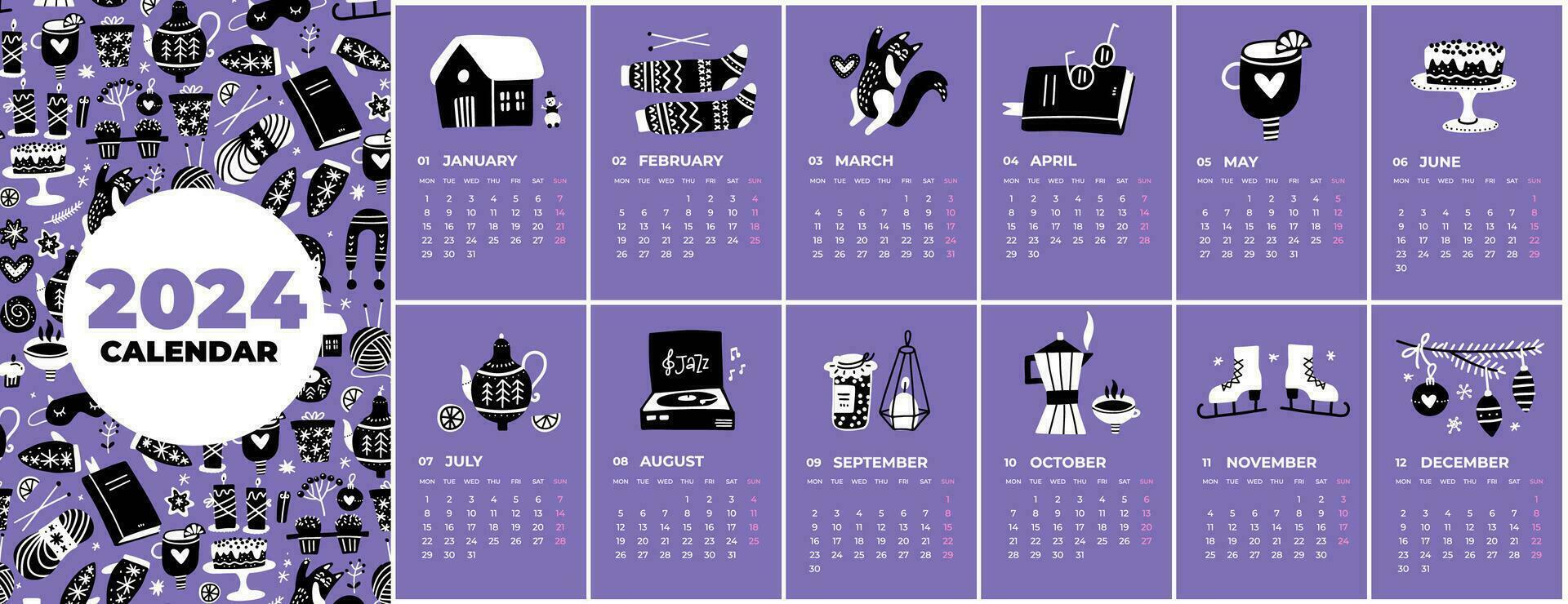 multi página calendario modelo para 2024. vertical diseño garabatos de cuatro estaciones actividades. editable paginas con vector negro y blanco ilustraciones, conjunto de 12 meses con cubrir. semana comenzando en lunes