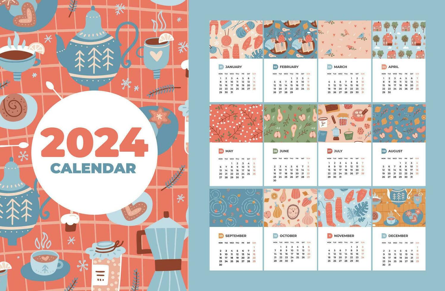2024 calendar template set with 12 months pages and cover. Pieces of papers with colorful cozy seasons elements patterns in flat style. Week starts on Monday. Vector hand drawn illustration.