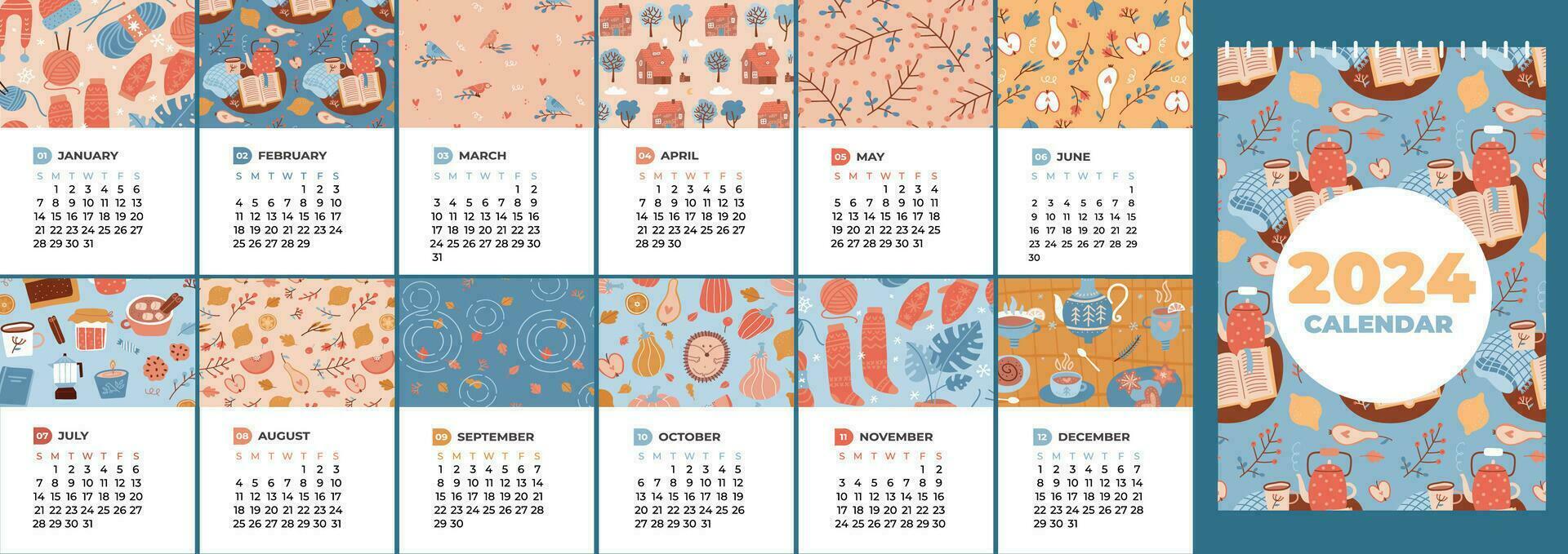 2024 calendar with 12 months sheets design. Vertical a4 a3 size template. Four seasons nature cute cozy patterns. Natural mood. Vector illustration in flat cartoon style. Week starting on Sunday.