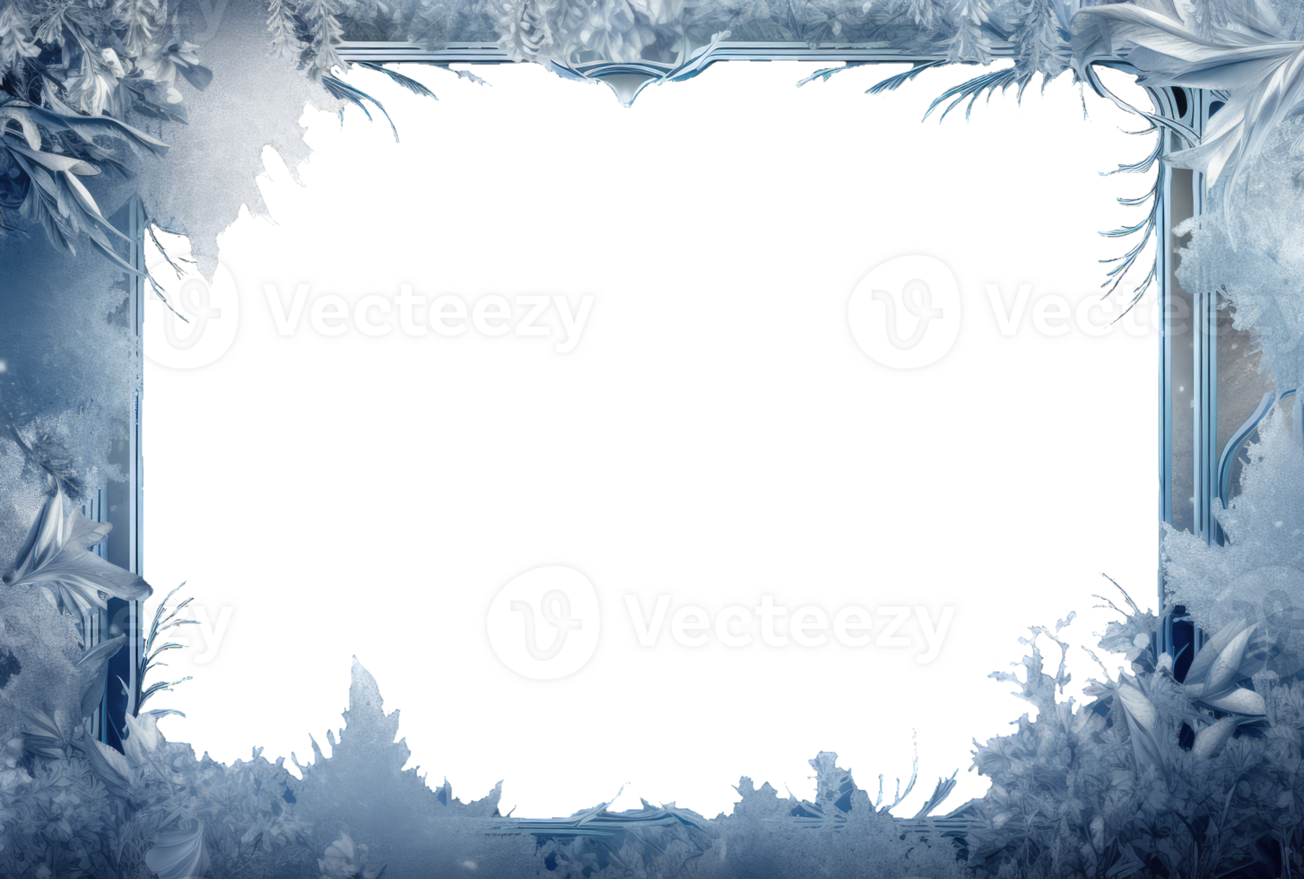 en ram av en frostig mönster av is kristaller på en transparent bakgrund. en ram med ett abstrakt is strukturera. frost på de glas, frysning effekt, ai genererad png