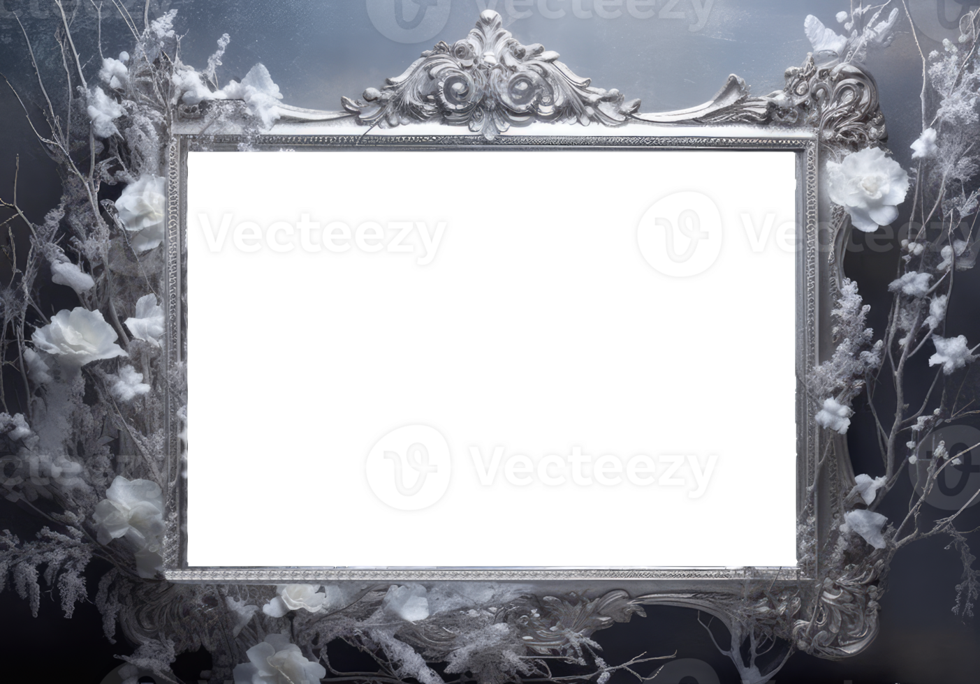 A frame of a frosty pattern of ice crystals on a transparent background. A frame with an abstract ice structure. Frost on the glass, freezing effect, AI generated png