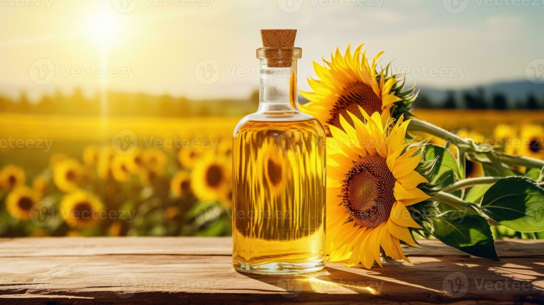 AI Generated ai generation. sunflower oil in glass bottle on wooden table with blooming field on the photo