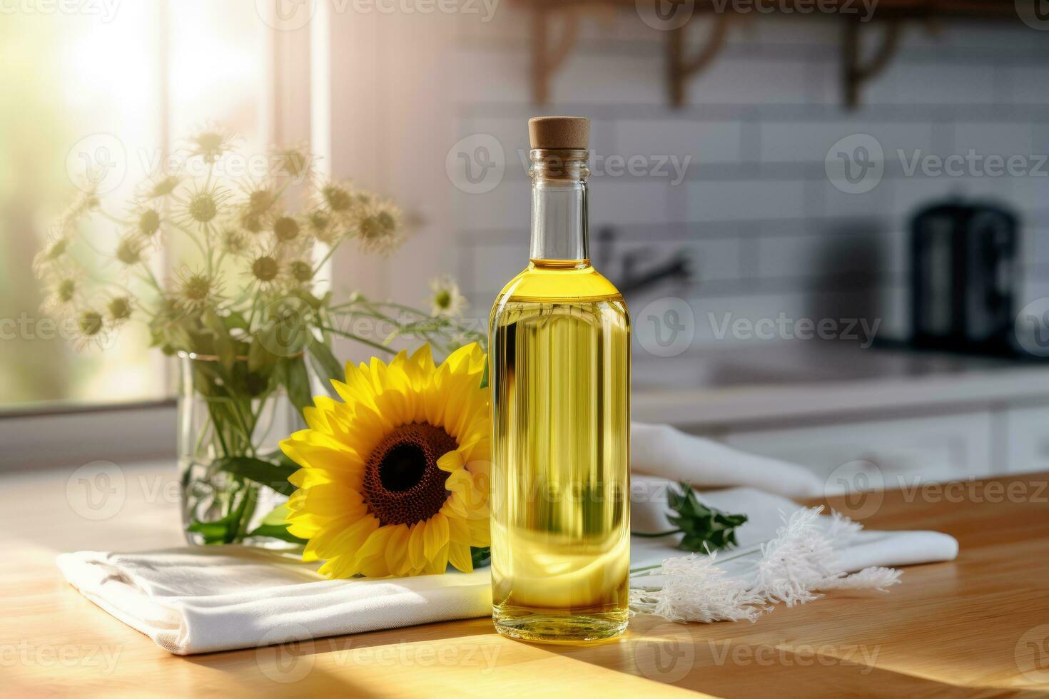 AI Generated Ai generation. Bottle of sunflower oil and yellow flowers on wooden table in kitchen. photo