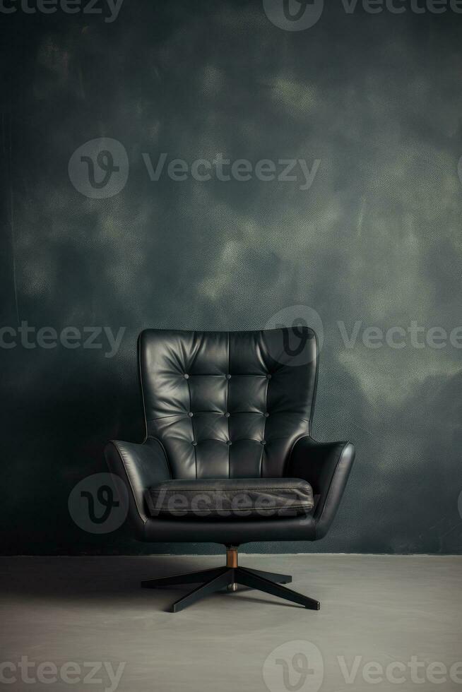 AI Generated AI generation. Black leather chair against a black wall. photo