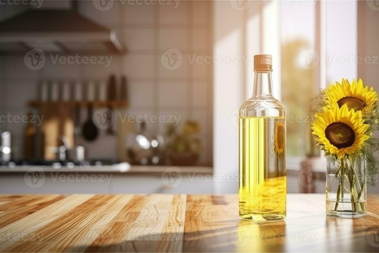 ai generado ai generación. botella de girasol petróleo y amarillo flores en de madera mesa en cocina. foto