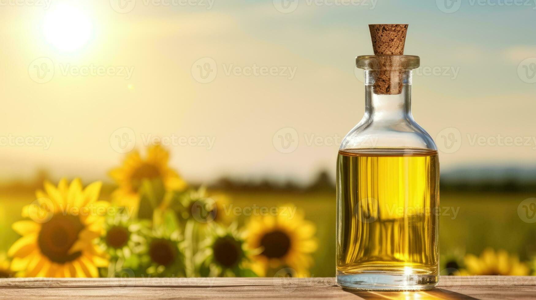 AI Generated ai generation. sunflower oil in glass bottle on wooden table with blooming field on the photo