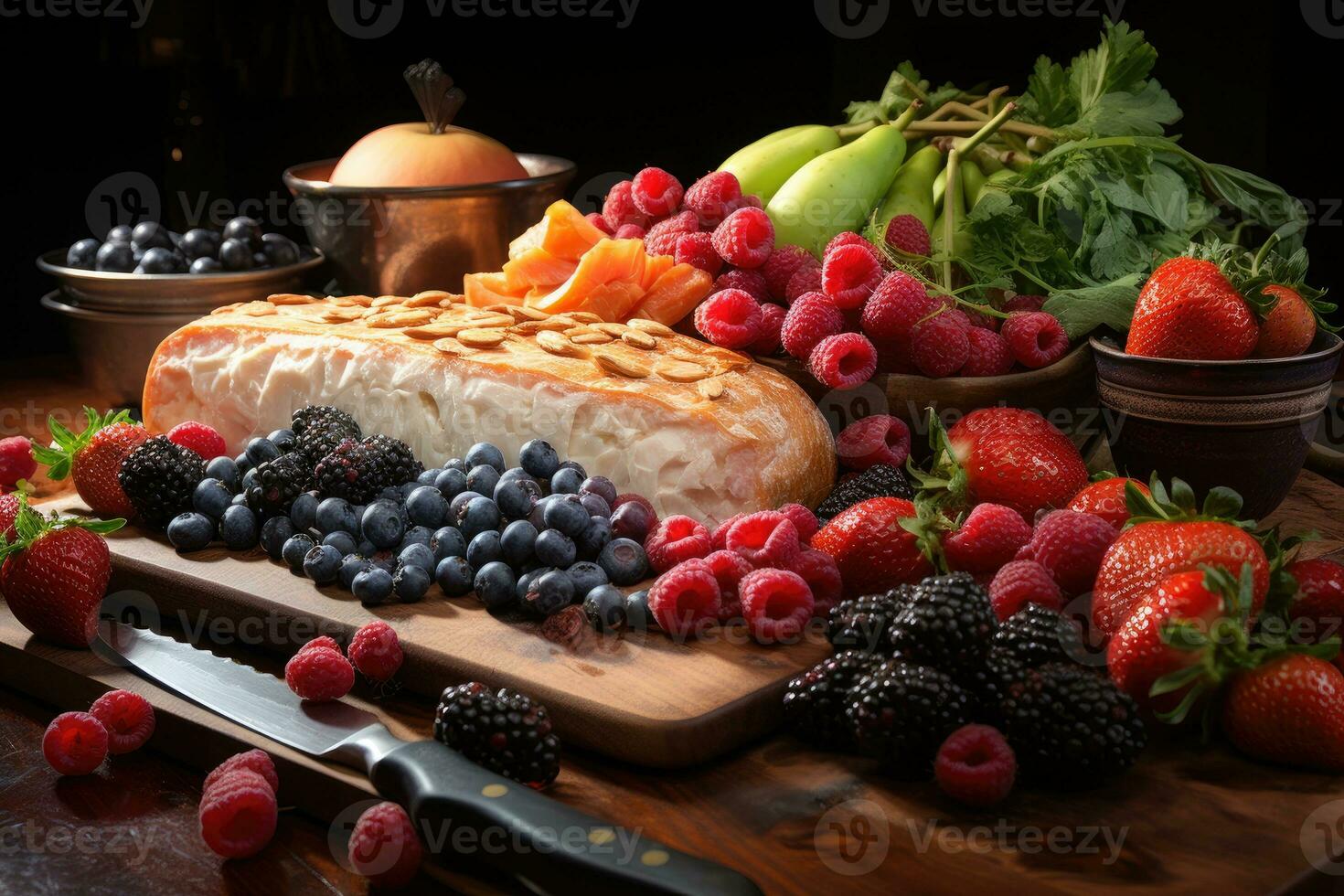 photos of cutting board with fruits and a knife in indoor photo studio AI Generated