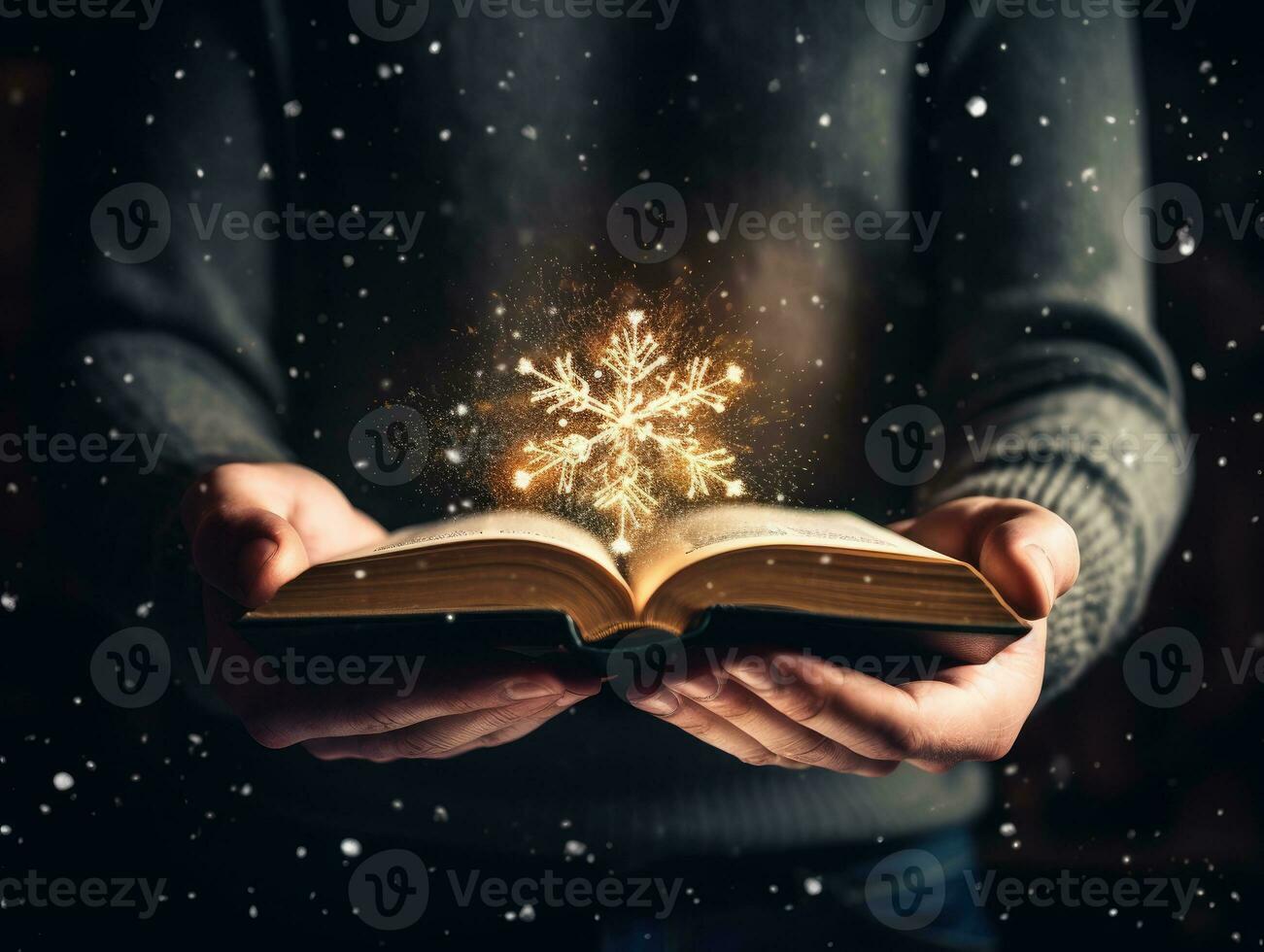 AI Generated Ai generation. Man opened a magic book with growing lights and magic powder. Christmas photo