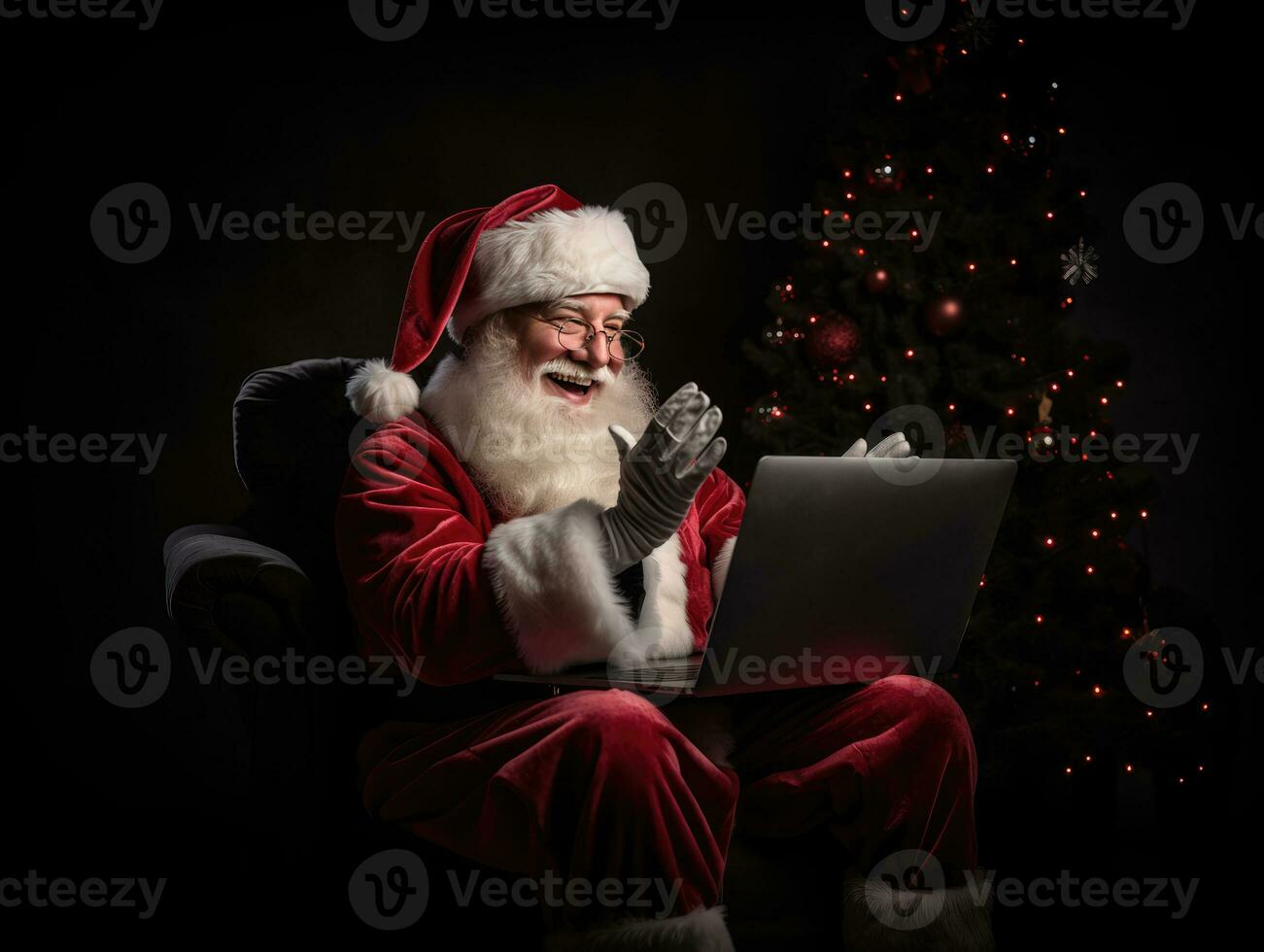 ai generado ai generación. Papa Noel claus utilizando un ordenador portátil computadora. sentado en un silla en el víspera de foto