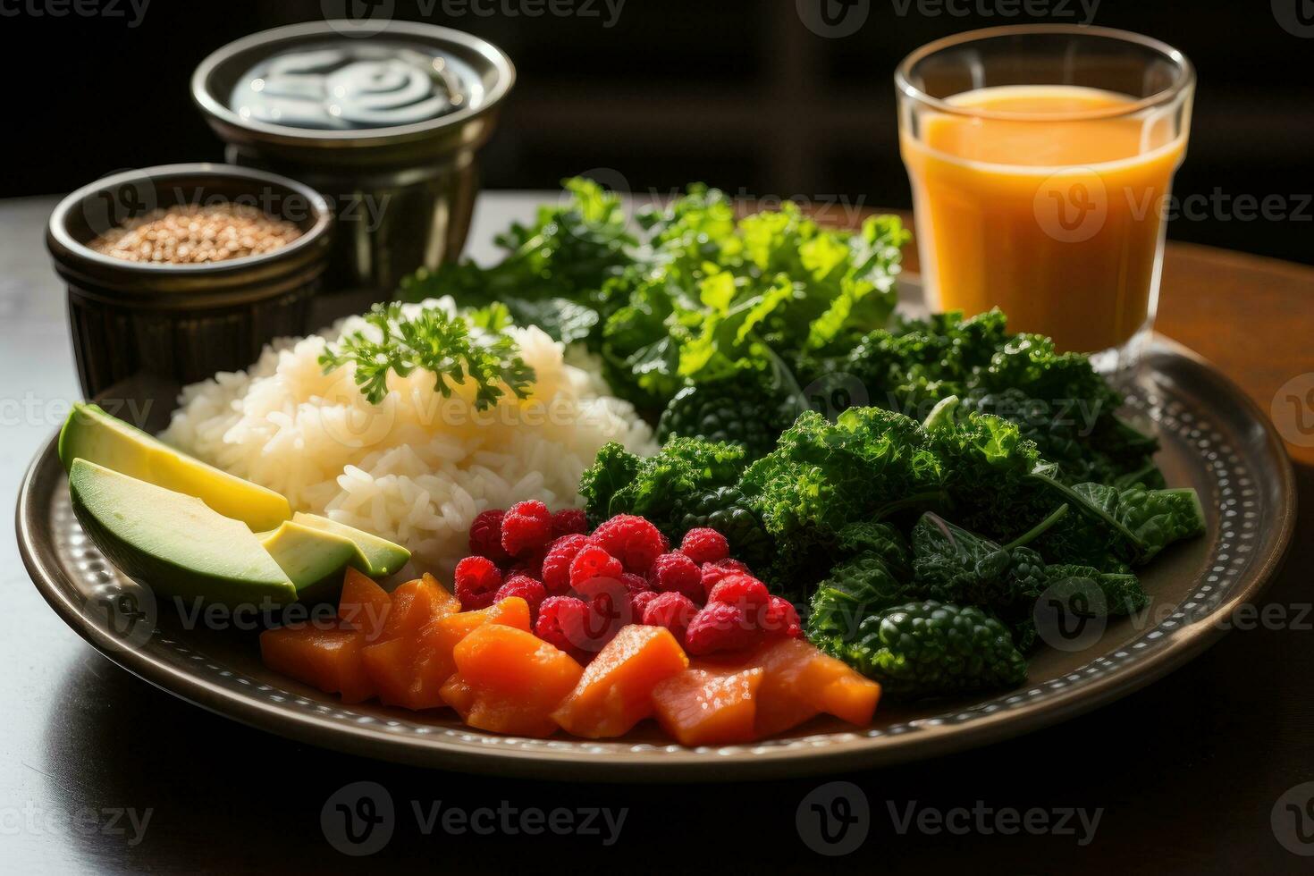 photos of vegan food for breakfast in indoor photo studio AI Generated