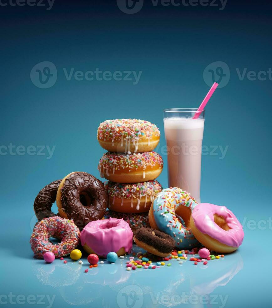 AI Generated Ai generation. Donuts and a glass of pink milkshake on a blue background. Sweets photo