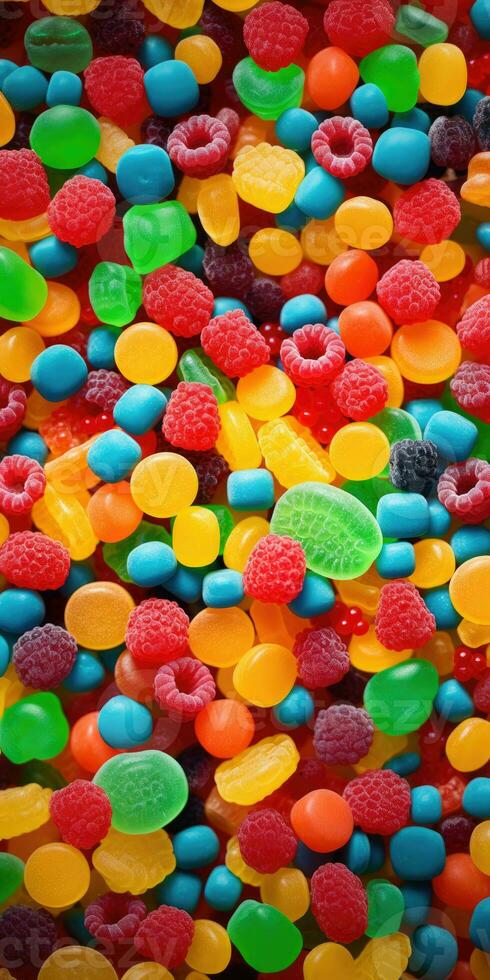 AI Generated Ai generation. Colorful lollipops and different colored round candy. Top view. photo