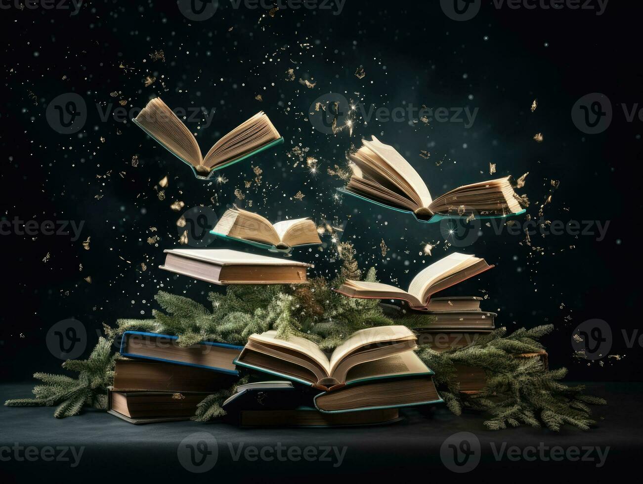 AI Generated Ai generation. Stack of old books and flying books with golden pollen and Christmas photo