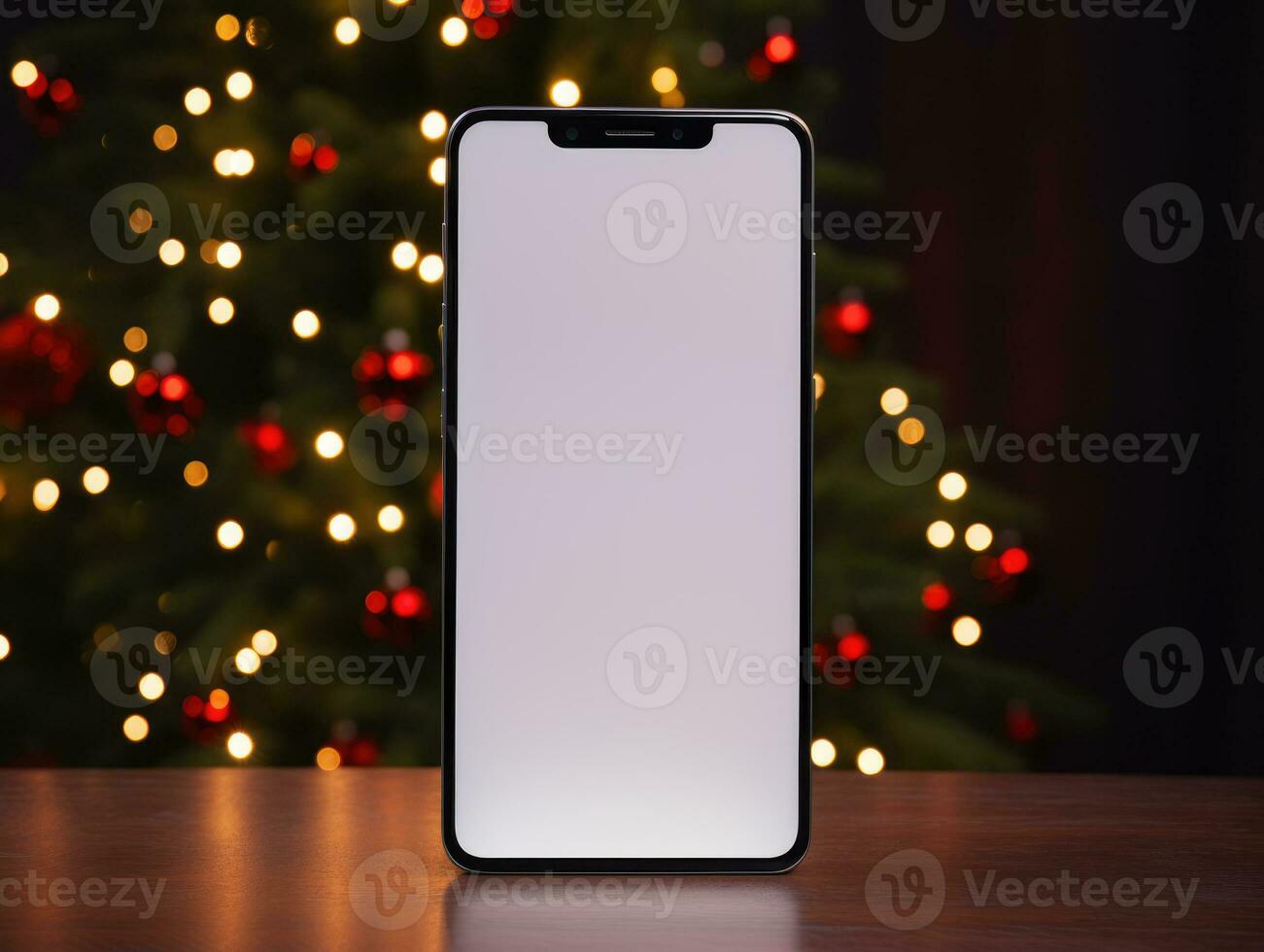 AI Generated Ai generation. Mockup smartphone with blank screen on wooden table and christmas tree photo