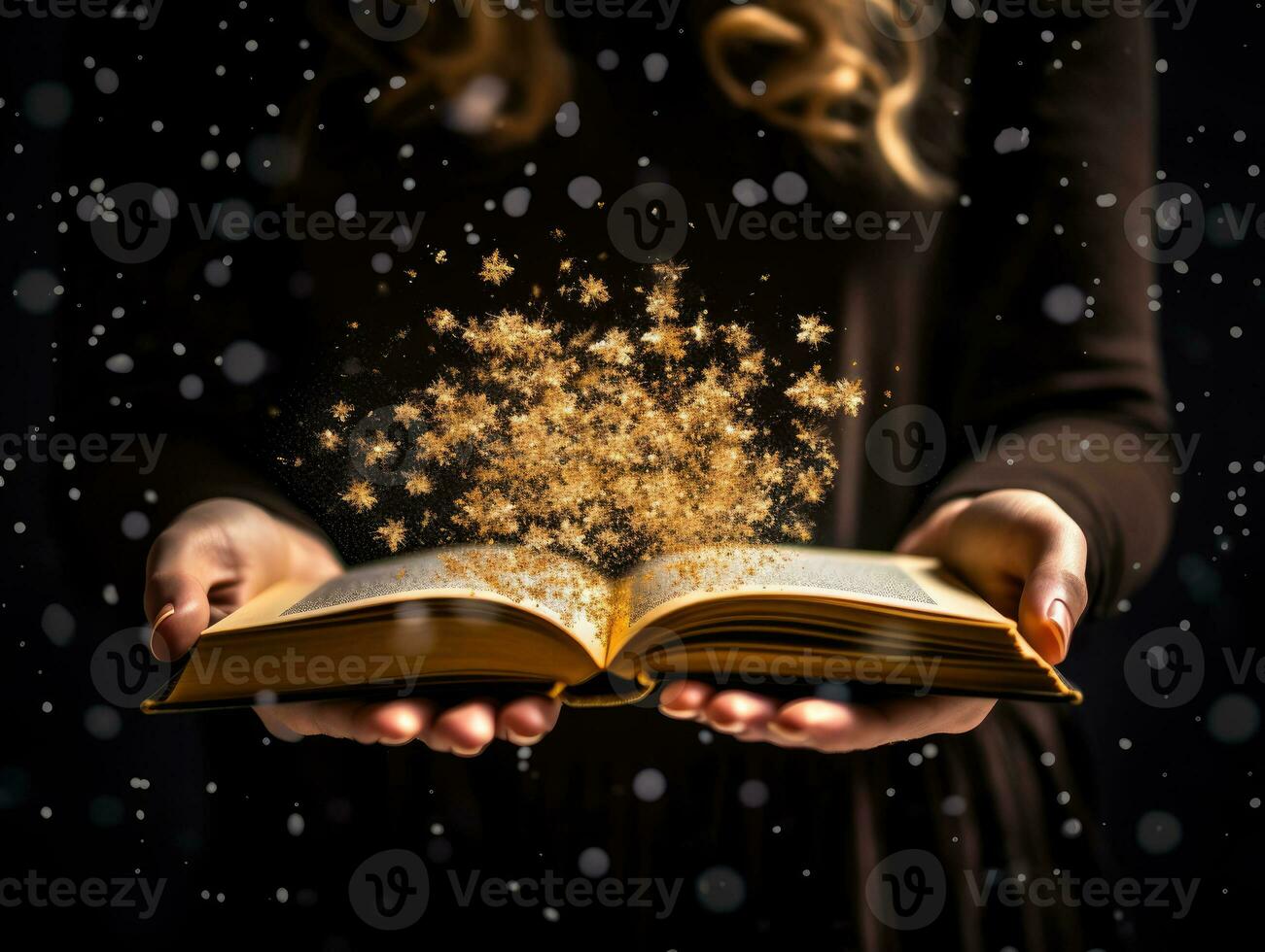 AI Generated Ai generation. Man opened a magic book with growing lights and magic powder. Christmas photo