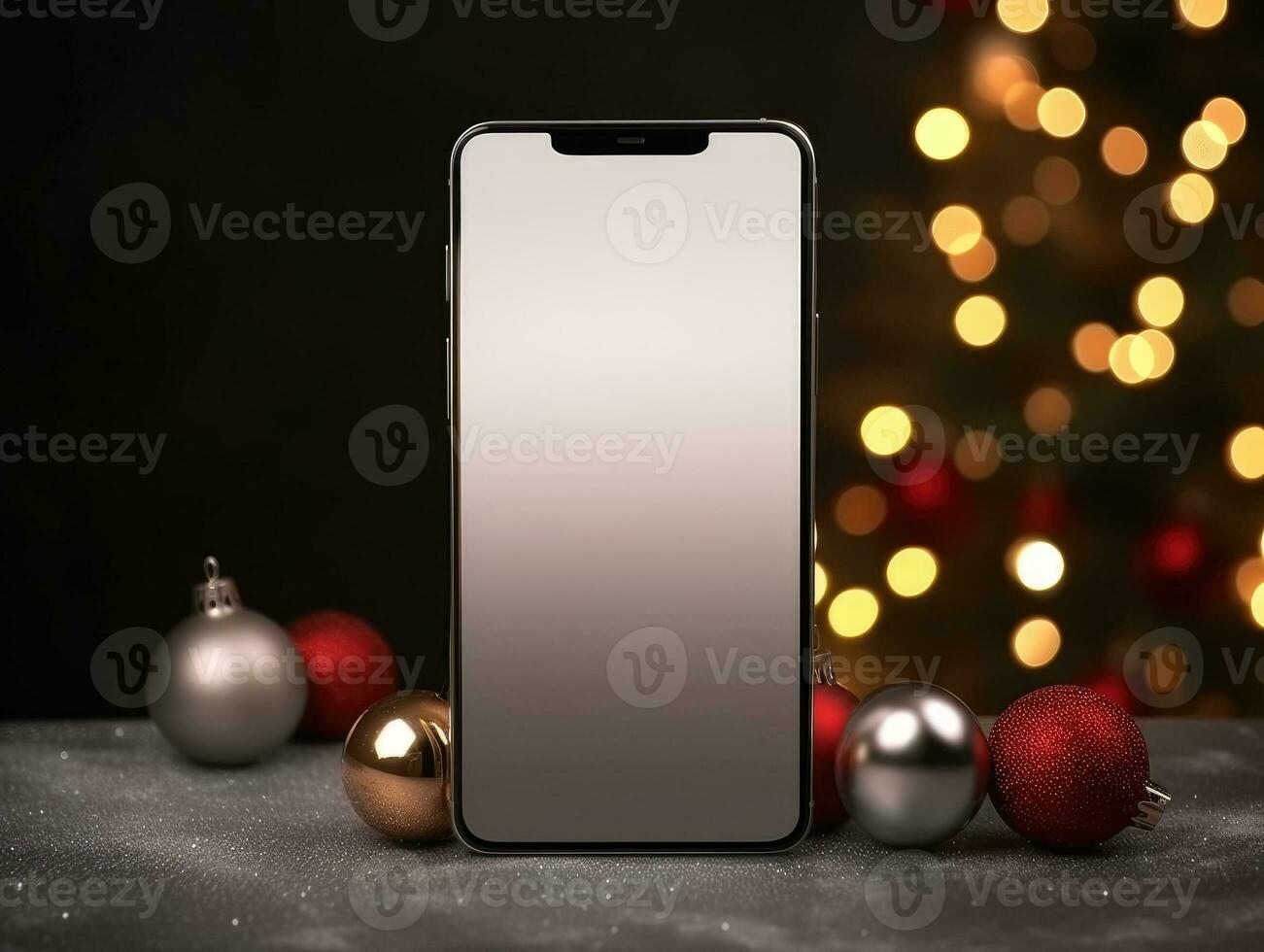 AI Generated Ai generation. Mockup smartphone with blank screen on wooden table and christmas tree photo