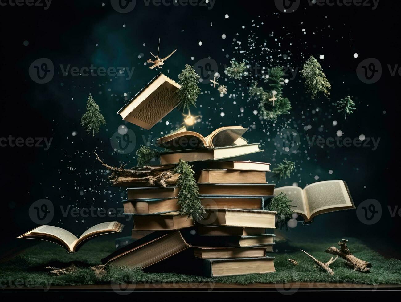 AI Generated Ai generation. Stack of old books and flying books with golden pollen and Christmas photo