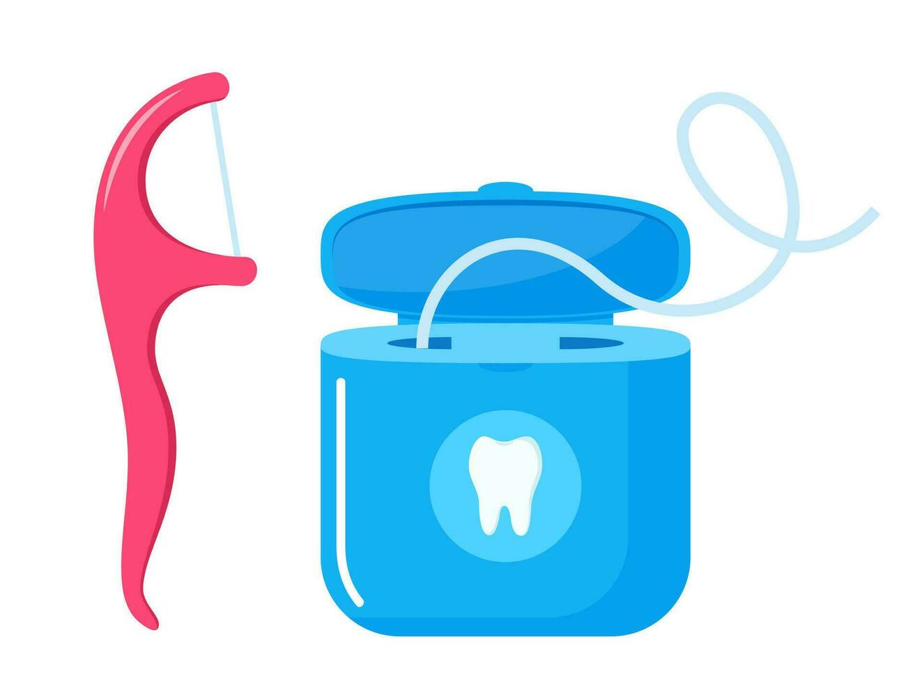 Floss toothpick, dental floss, medical and dentistry healthcare. Thread of floss silk to clean between the teeth after eating. Vector illustration.