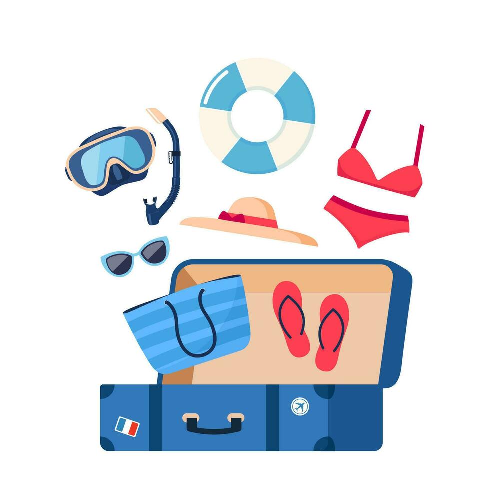 Open suitcase with summer beach elements. Summer colorful objects collection for outdoor trip vacation. Vector illustration.