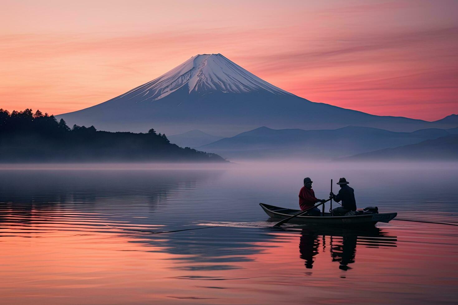 monte fuji a kawaguchiko lago en Japón a amanecer, monte. fuji o fujisan con silueta Tres pescar personas en barcos y niebla a shoji lago con crepúsculo cielo a amanecer en yamanashi, ai generado foto