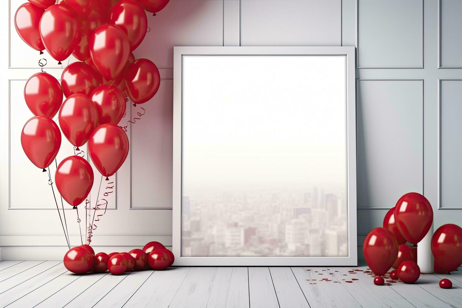 3d render of a modern interior with red balloons and a white frame, mock up poster in interior background with red balloons, AI Generated photo