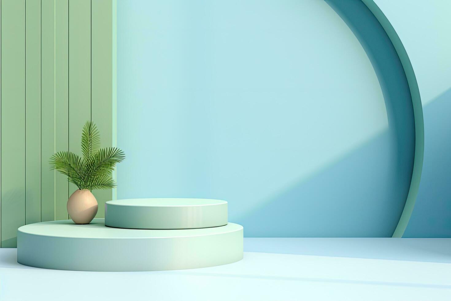 3d rendering of minimal geometric forms. Glossy luxury podium for your design in blue and green colors, Minimal scene with podium and abstract background. Pastel blue and green, AI Generated photo