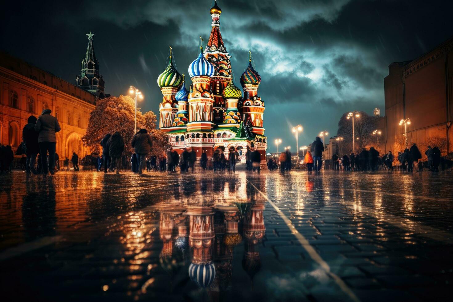 St. Basil's Cathedral on Red Square in Moscow, Russia, Moscow St. Basil's Cathedral Night Shot, AI Generated photo