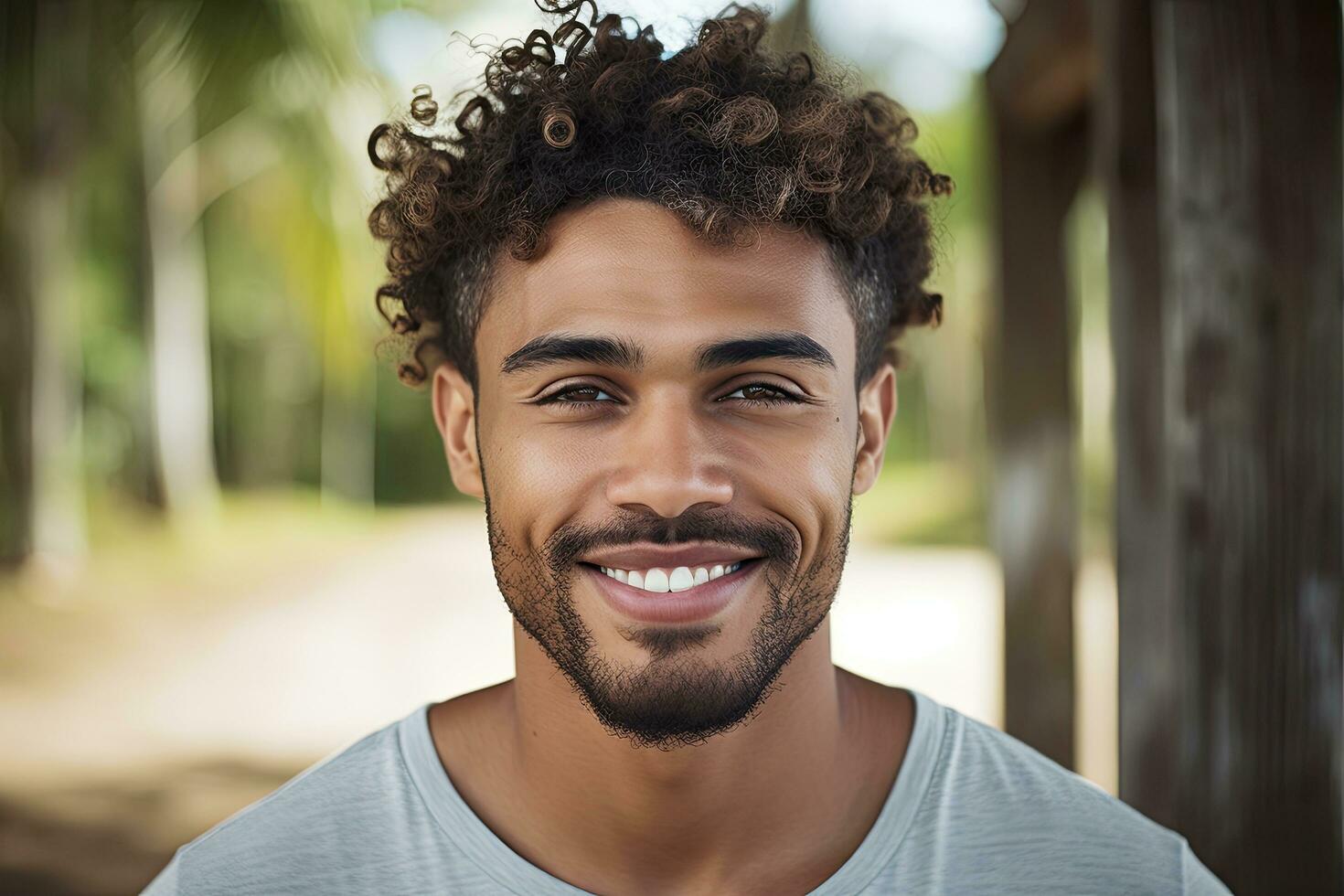 Portrait of smiling african american man with curly hair in park, Mixed race man smiling, AI Generated photo