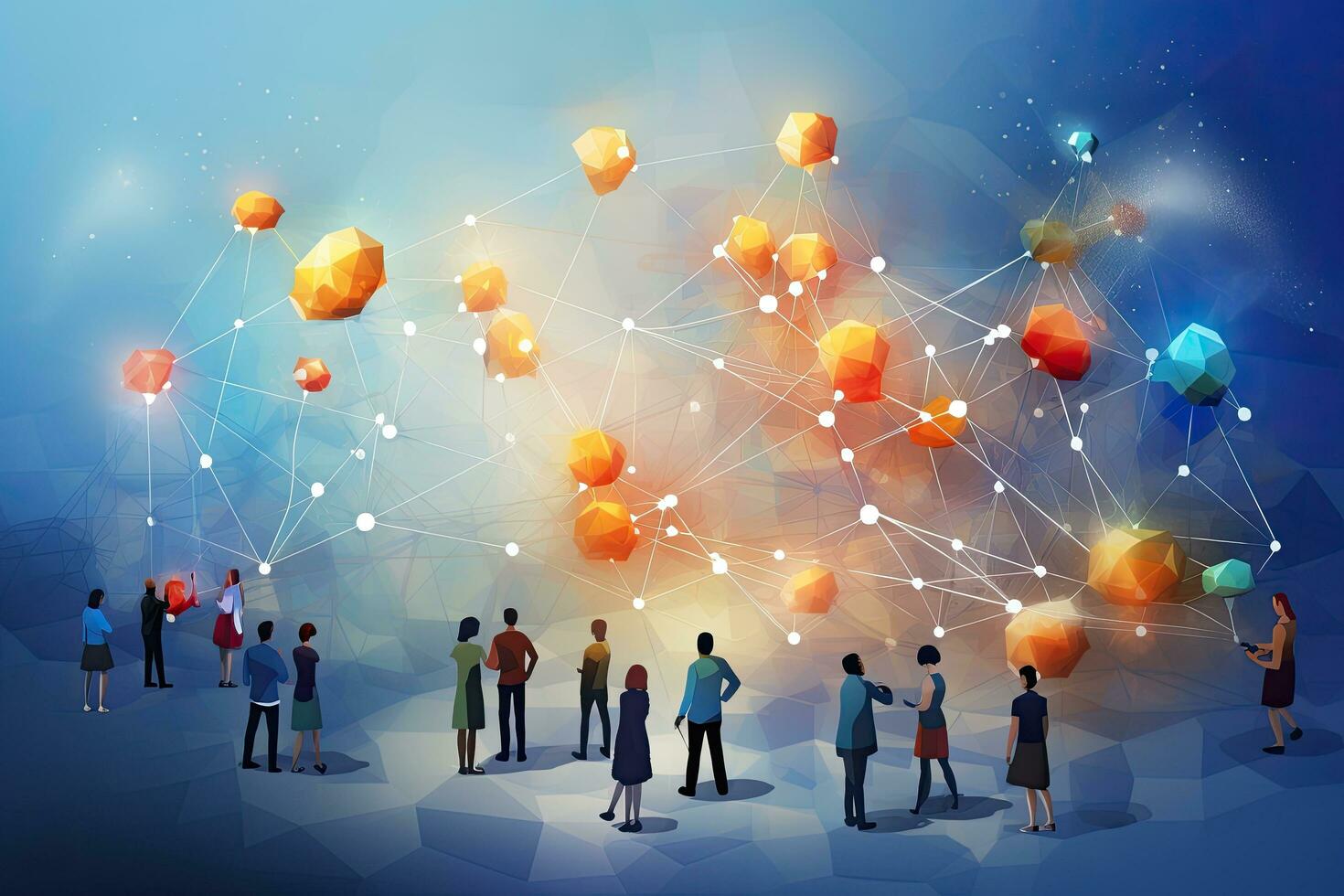 Global network connection concept with business people and low polygonal background, Network community, Teamwork, and Social network Concept illeastration, AI Generated photo