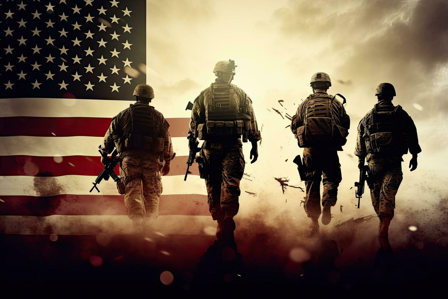 Soldiers on the background of the flag of the United States of America