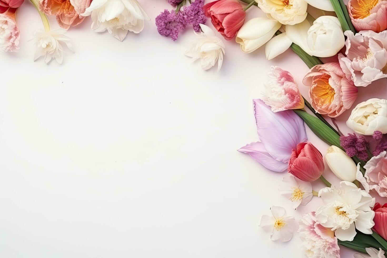 Beautiful spring flowers on a white background. Flat lay, top view, Mothers day spring flowers with copy space, AI Generated photo