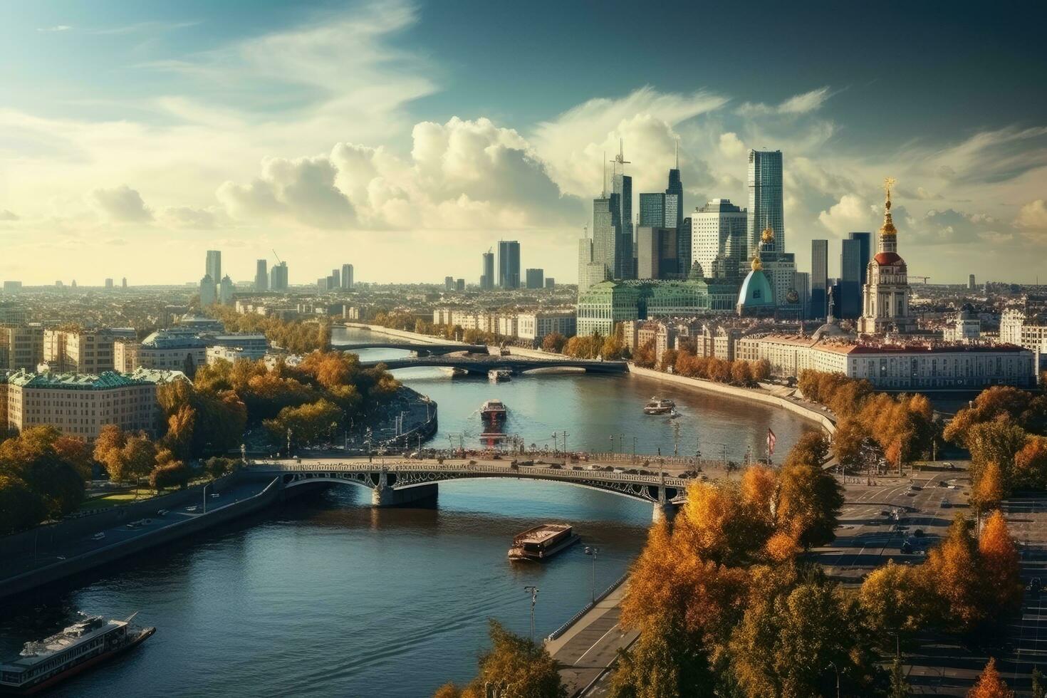 panorámico ver de Moscú ciudad desde gorrión sierras. Rusia, Moscú horizonte con el histórico arquitectura rascacielos y moskva río y arbat calle puente, aéreo vista, ai generado foto