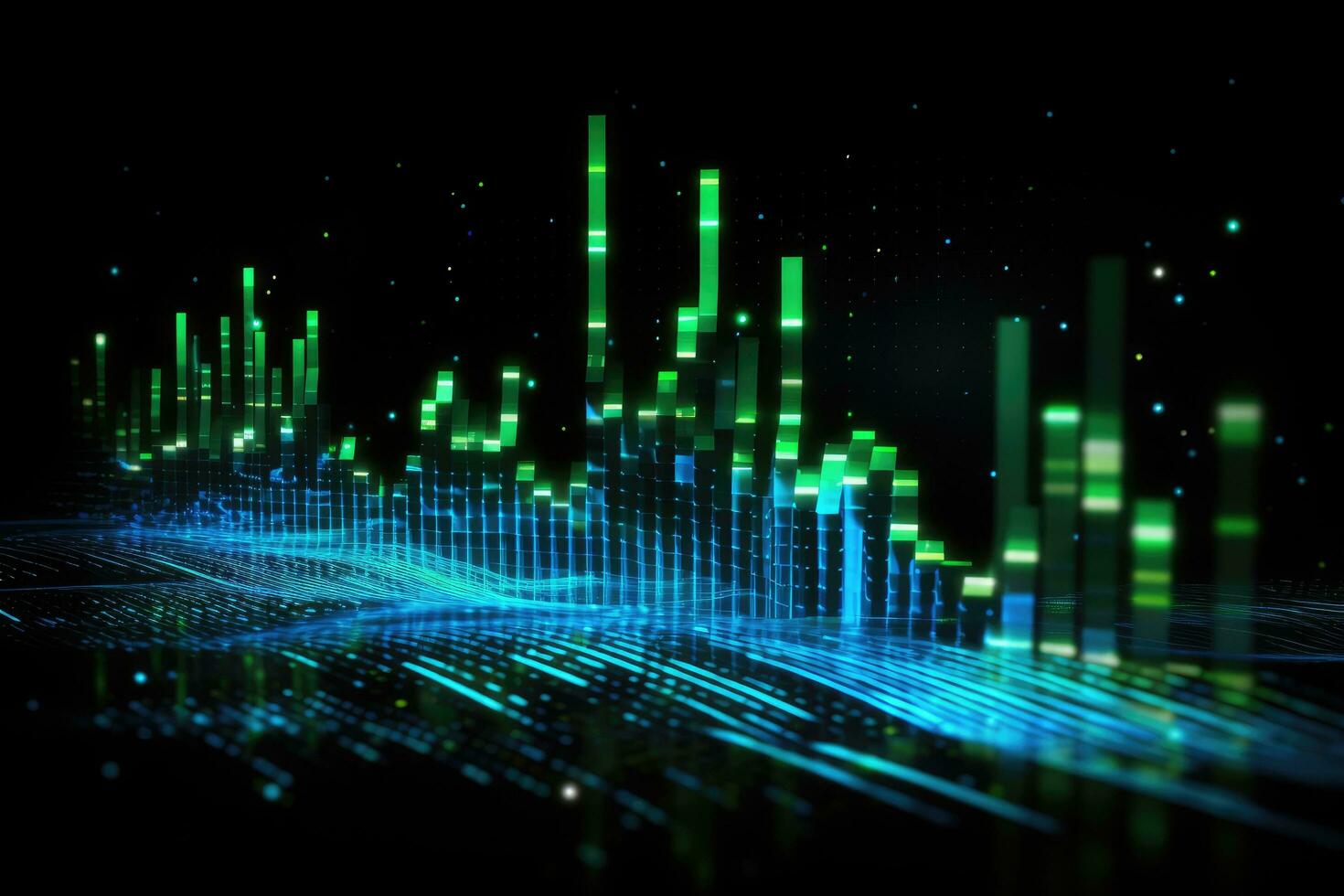 Abstract technology digital equalizer background. 3d illustration with glitch effect, Modern technology wallpaper and blue and green binary sound waves on Black background, AI Generated photo