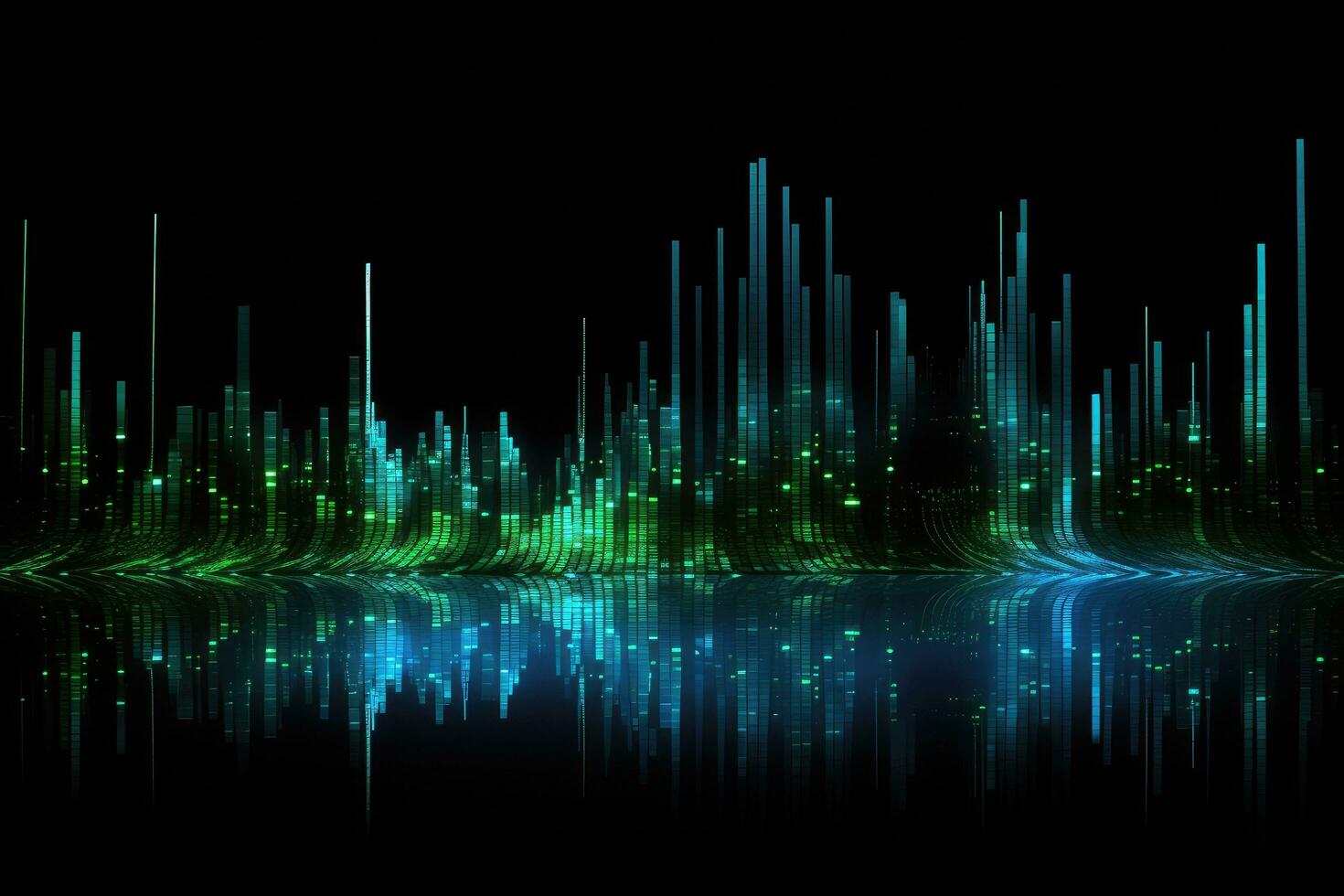 Futuristic technology wave background design with lights and speed motion lines, Modern technology wallpaper and blue and green binary sound waves on Black background, AI Generated photo