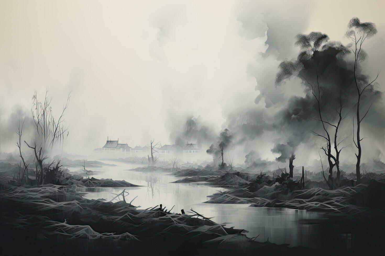 Digital painting of a lake in the fog with a house in the background, monochromatic painting depicting a hazy atmosphere filled with smoke, AI Generated photo