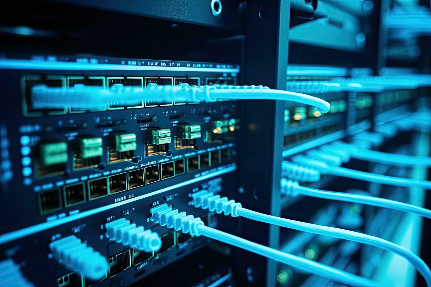 server with fiber optic  cables in a data center. 3d rendering, Network cables connected into switches. Ethernet router in data center. Digital information transmission equipment, AI Generated photo