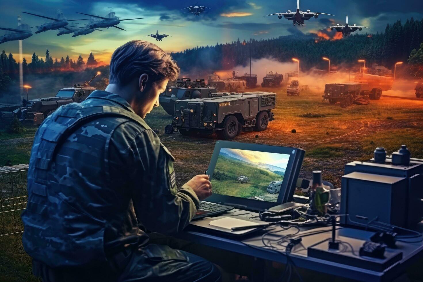 Military man with a computer in his hands on the background of military equipment, Mobile military base, soldier engineer transmits aerial pictures and data from drone to artillery, AI Generated photo