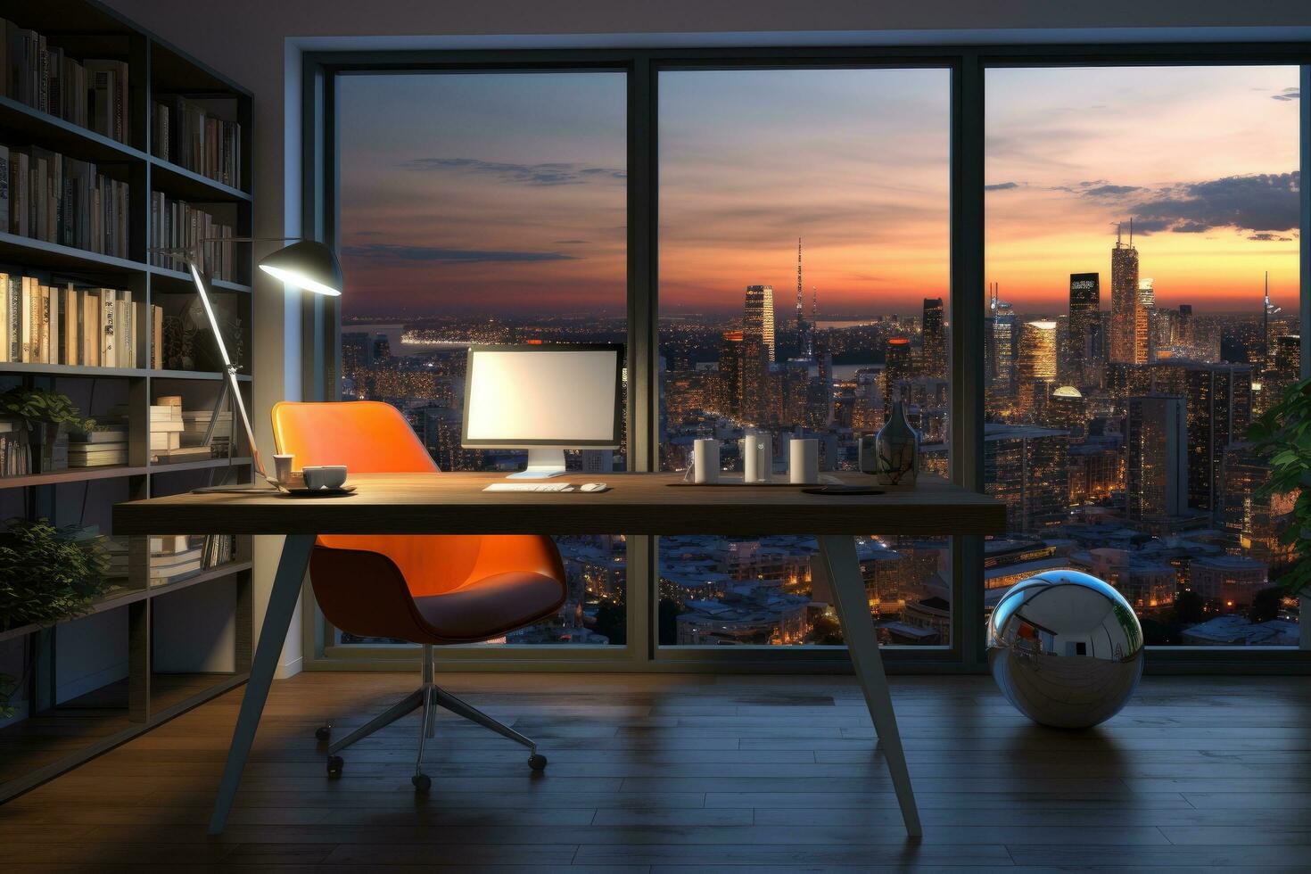 Modern office interior with city view. 3D Rendering mock up, Modern home office interior with furniture, computer and city view. 3D Rendering, AI Generated photo