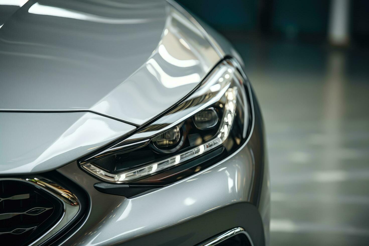 Close up of headlight of a modern car in the showroom, Modern silver car parking on the road. Close up. Headlights detail, AI Generated photo