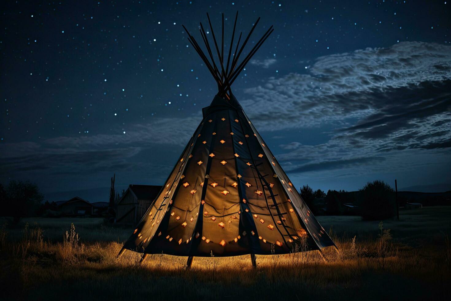 Traditional indian teepee in the field at night with starry sky, Native american indian teepee at night with starry sky, AI Generated photo