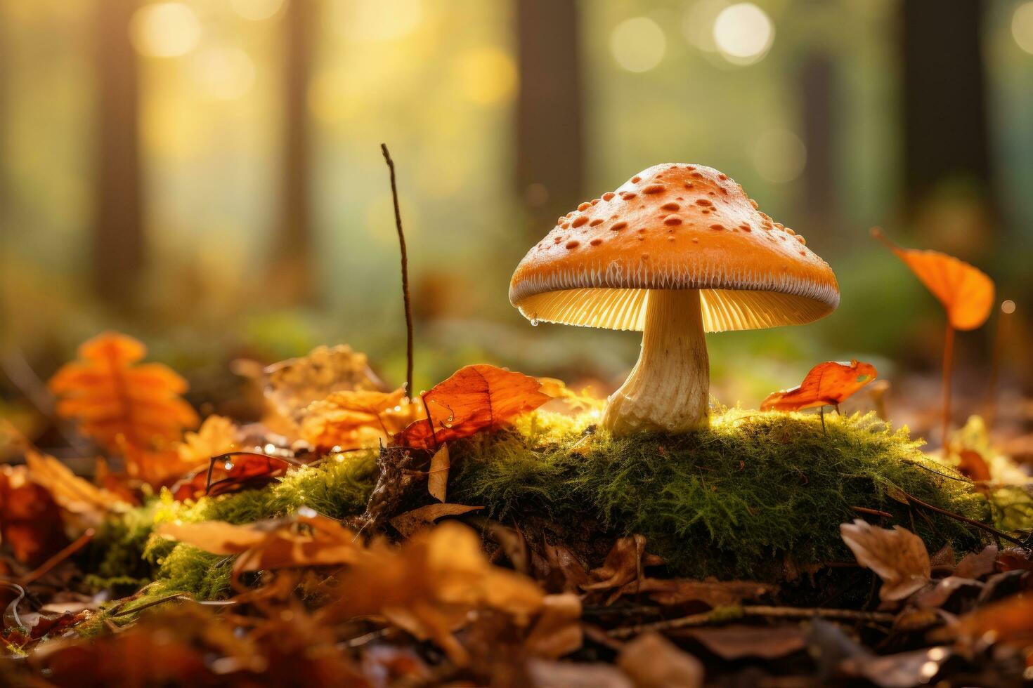 amanita muscaria seta en musgo en otoño bosque, seta en el otoño hd 8k fondo de pantalla valores fotográfico imagen, ai generado foto