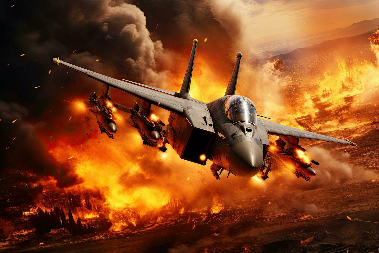 Military fighter jet in the fire. 3D illustration. Elements of this image furnished by NASA, Military jet on fire, AI Generated photo