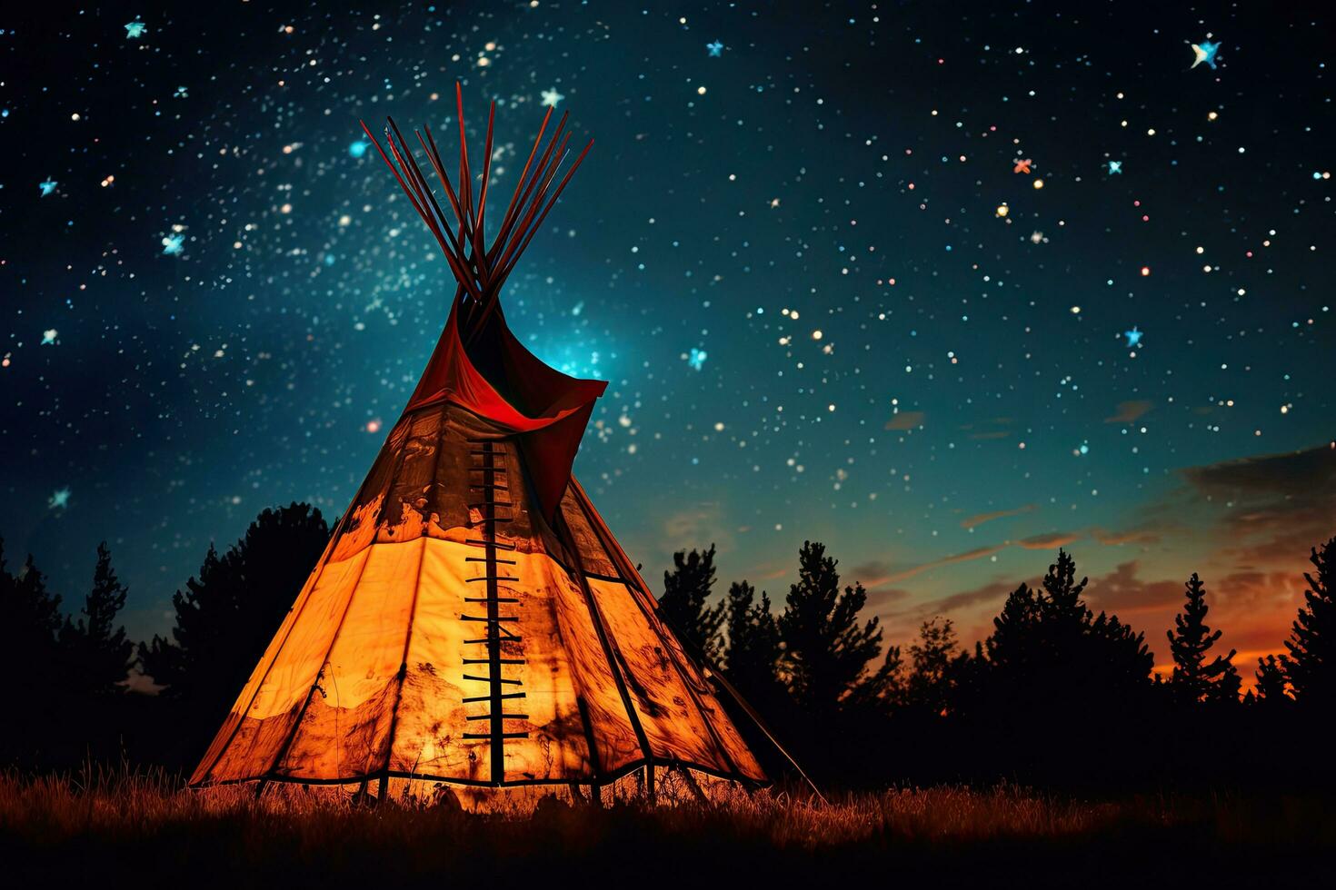 Beautiful indian teepee in the night sky with stars, Native american indian teepee at night with starry sky, AI Generated photo