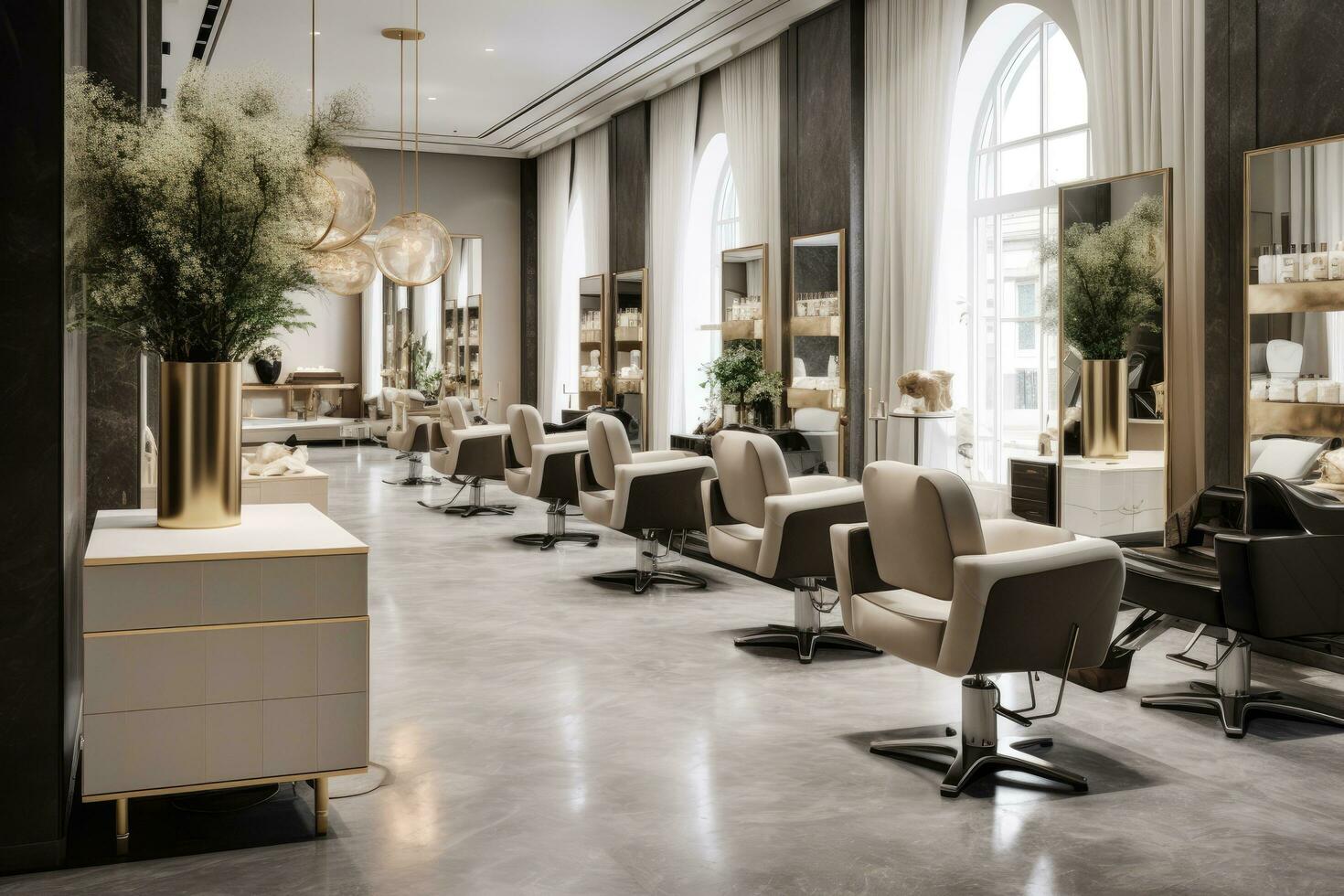 Interior of a luxury hotel lobby. 3d rendering, 3d illustration, Modern and elegant interior design of professional beauty salon and spa with luxury styling chair, AI Generated photo