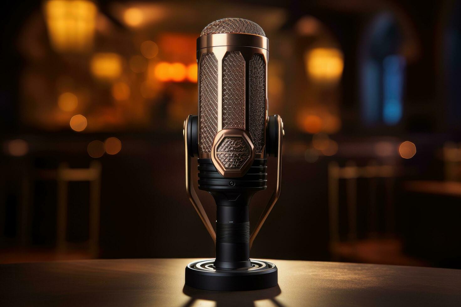 Vintage microphone on the table in front of a glowing background, Mini desktop mic for gaming, AI Generated photo