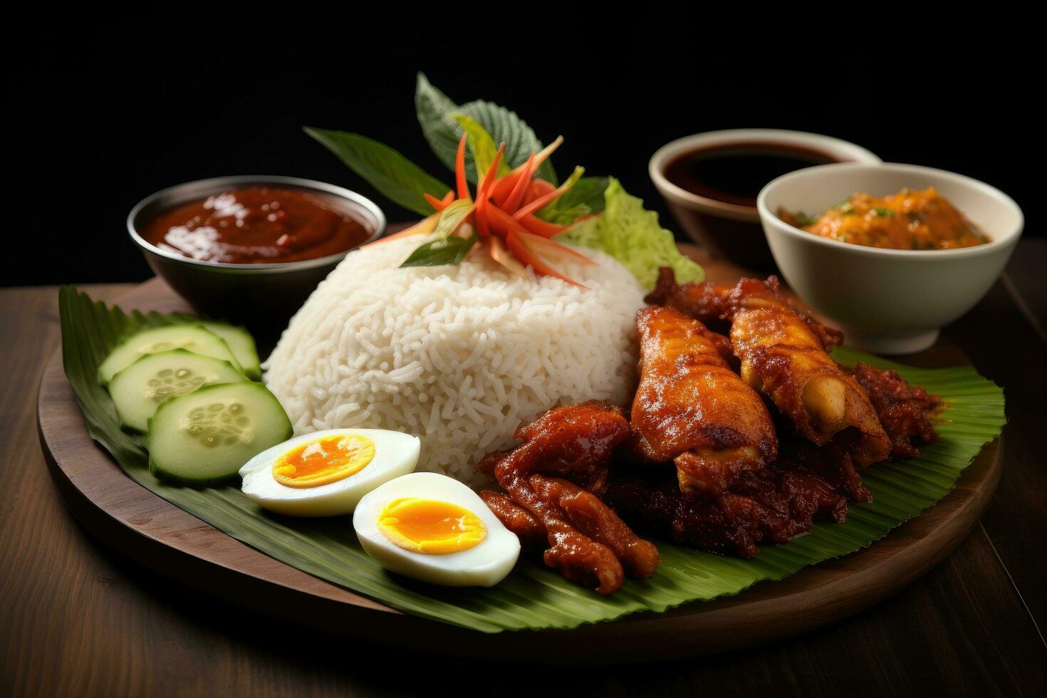 Rice topped with stir-fried chicken wings and served with boiled egg, Nasi Lemak wrapped in banan leaf. Malaysian Food and Malaysia Flag, AI Generated photo